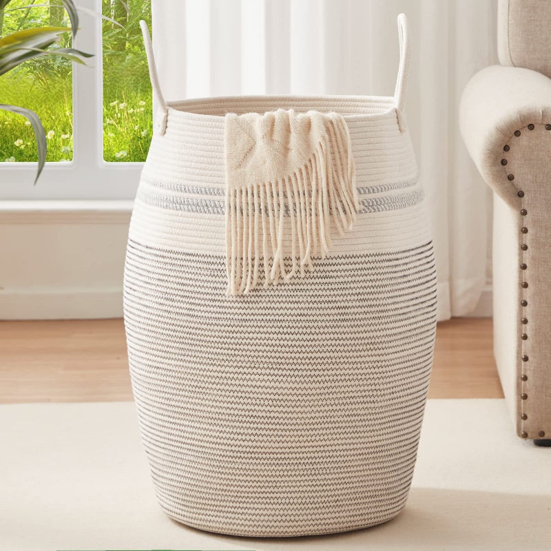OIAHOMY Laundry Hamper Woven Cotton Rope Large Clothes Hamper 25.6" Height Tall Laundry Basket with Extended Cotton Handles for Storage Clothes Toys in Bedroom, Bathroom, Foldable (Light Grey) - Image 1